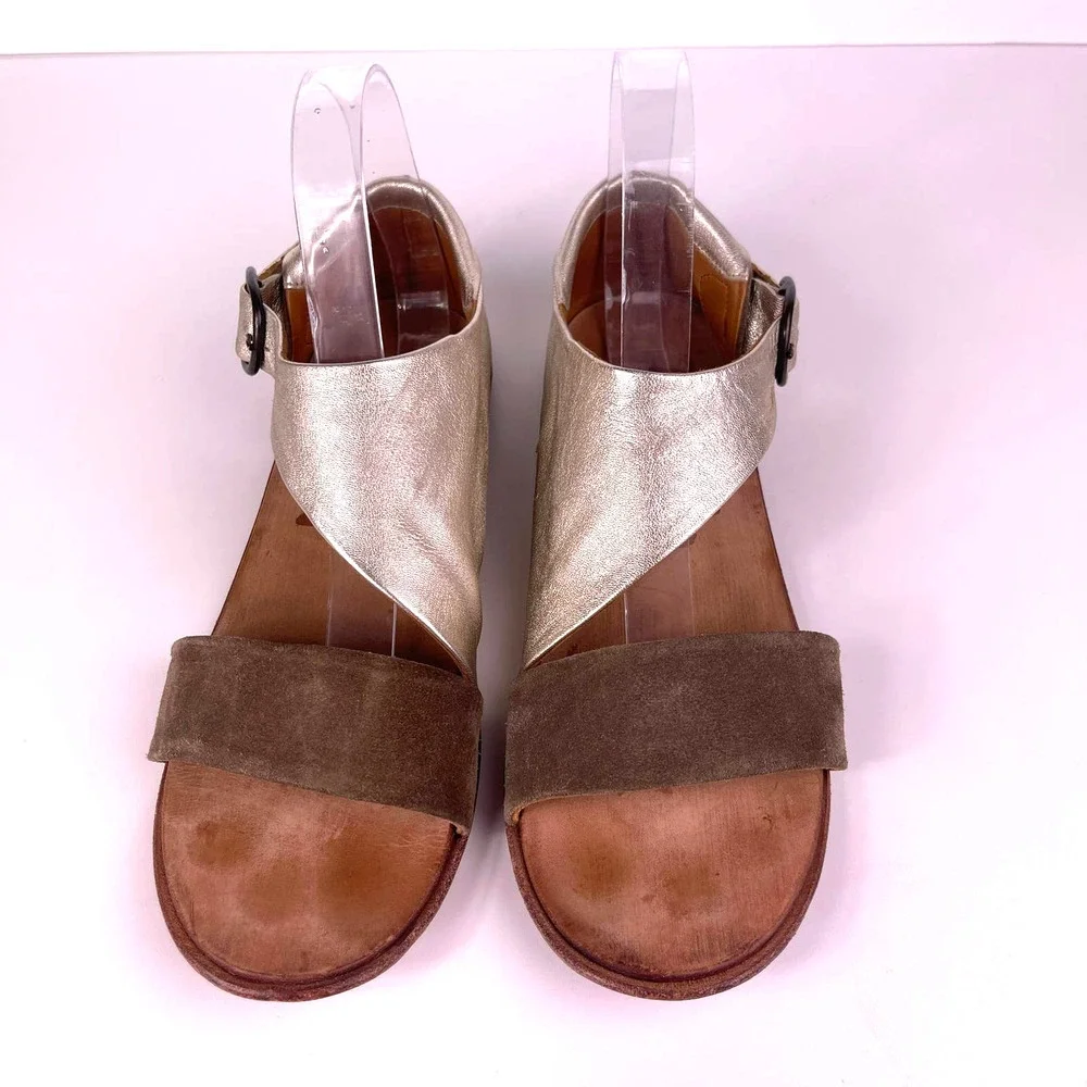 P Monjo Daniela Platino Mocha Gold Tan Leather Sandals Flats Women's Size 40 10